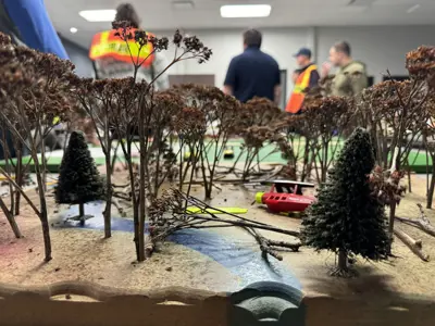 Eye level view of a scale model plane crash