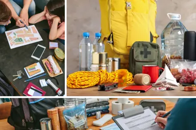 A collage of a family making a plan, and two disaster kits.
